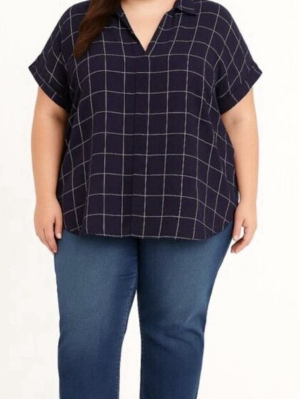 Tahari Linen Blend Tunic Top 1X Navy Blue Windowpane Coastal Preppy Relaxed Fit